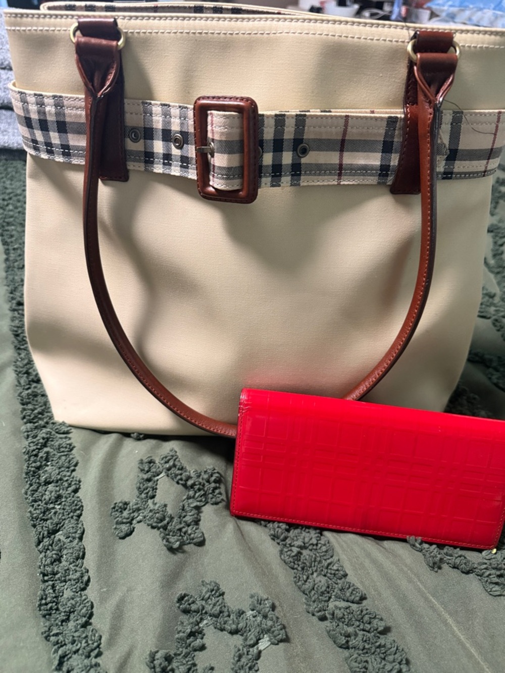 Burberry Cream Tote with Brown Leather Trim and Plaid Belt Detail and red wallet